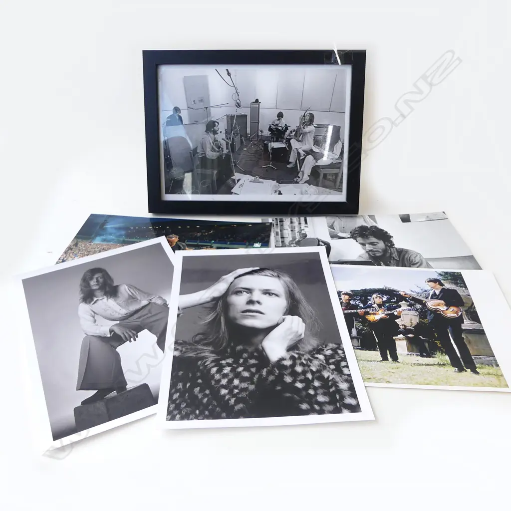 6 REPRODUCTION PHOTOS: BOWIE, SPRINGSTEEN, BEATLES, 1 FRAMED, 290 x 200mm Image 1++