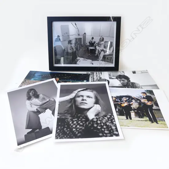 6 REPRODUCTION PHOTOS: BOWIE, SPRINGSTEEN, BEATLES, 1 FRAMED, 290 x 200mm