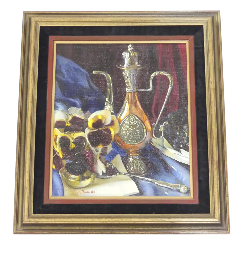 MICHAEL BLOW, STILL LIFE w. PANSIES & URN, OIL ON BOARD '80 345x290mm Image 1++