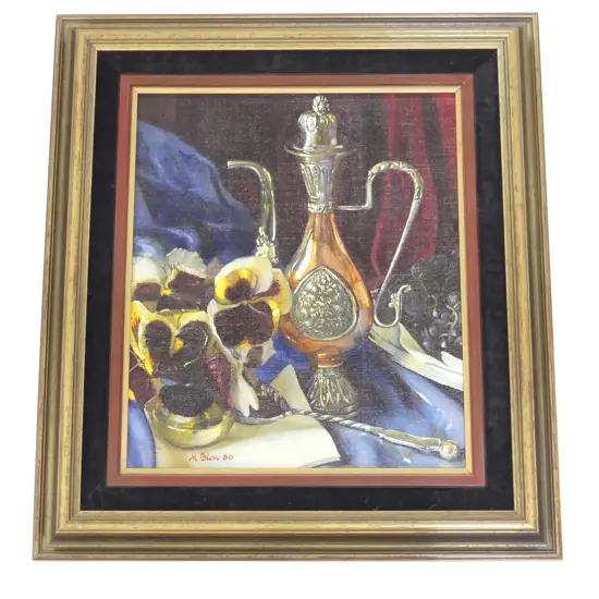 MICHAEL BLOW, STILL LIFE w. PANSIES & URN, OIL ON BOARD '80 345x290mm