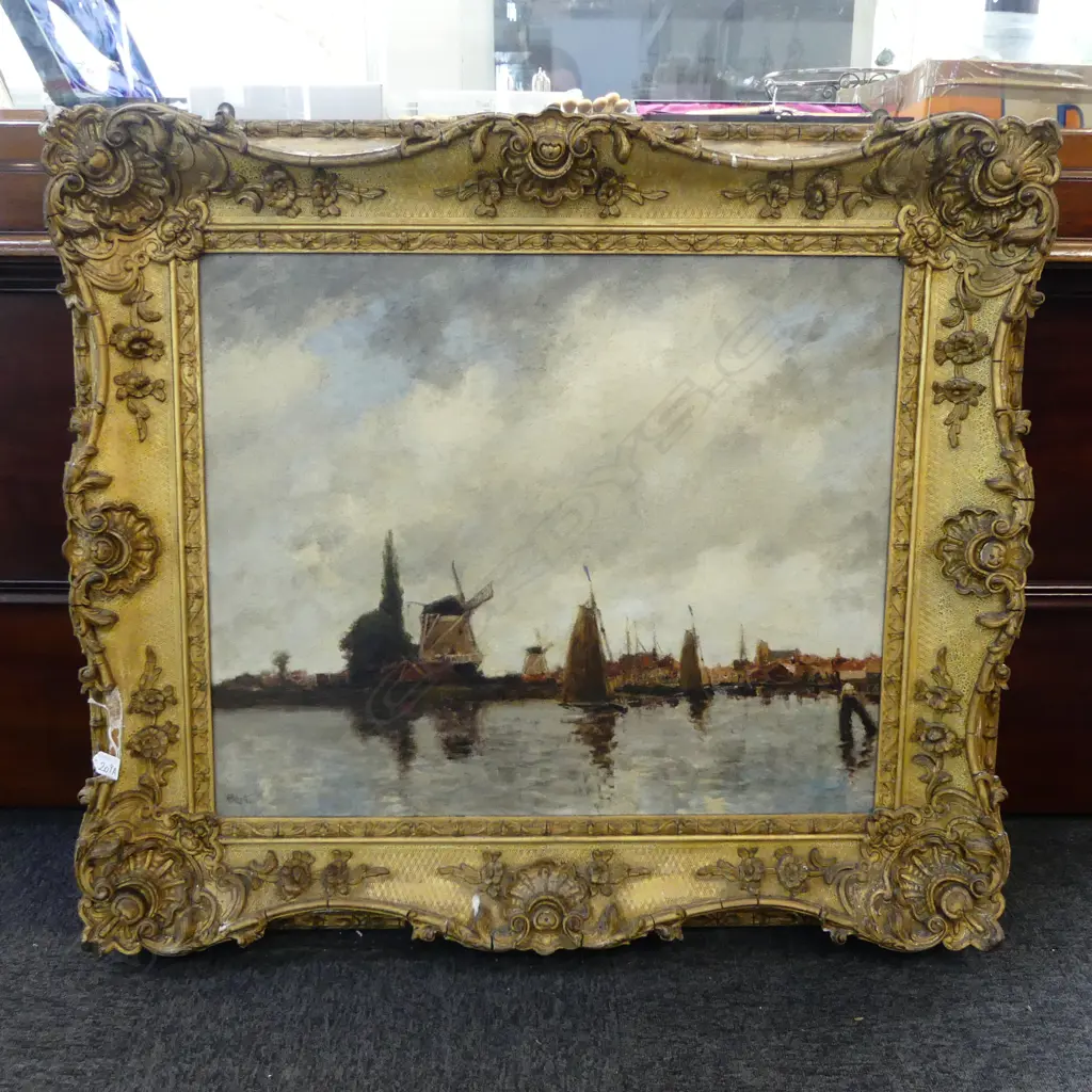 LG SIGNED OIL, EUROPEAN HARBOUR w. WINDMILL & SAIL BOATS, OIL ON BOARD, 620x750mm Image 1++