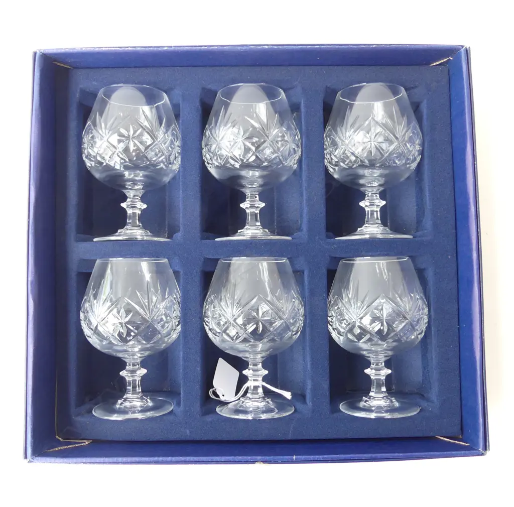 SET OF 6 CUT CRYSTAL COGNAC GLASSES [BOXED] Image 1++