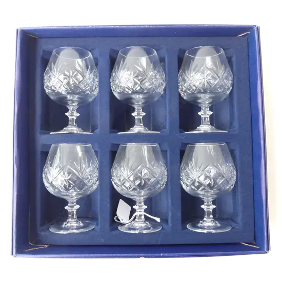 SET OF 6 CUT CRYSTAL COGNAC GLASSES [BOXED]