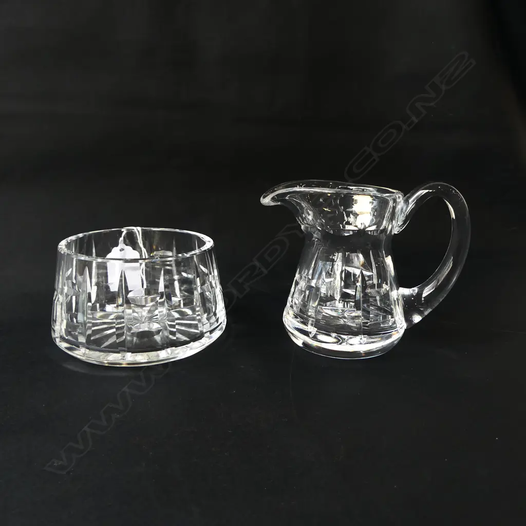 WATERFORD CUT CRYSTAL ‘TRALEE’ SUGAR BOWL & MILK JUG, ETCHED STAMP, H.95MM, DIA. 110MM Image 1++