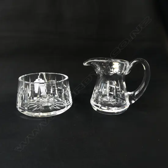 WATERFORD CUT CRYSTAL ‘TRALEE’ SUGAR BOWL & MILK JUG, ETCHED STAMP, H.95MM, DIA. 110MM