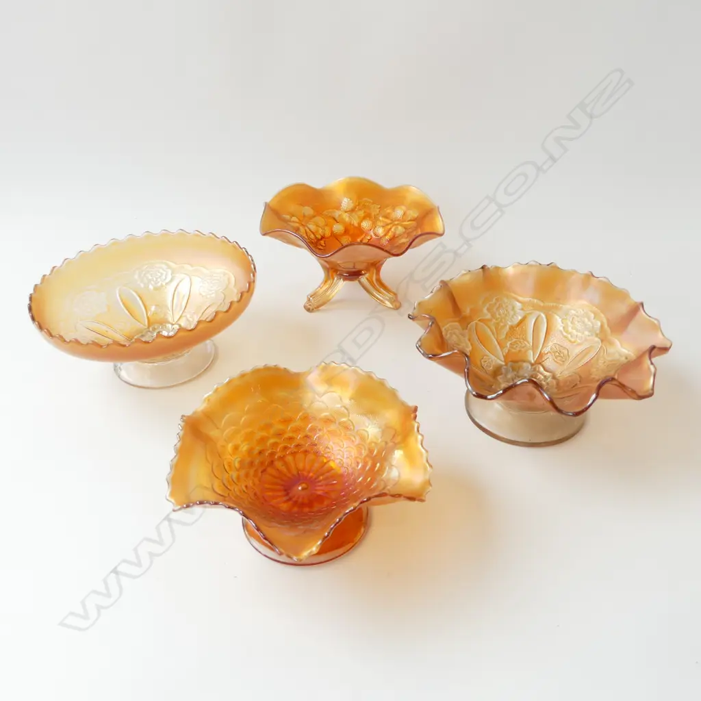 FOUR CARNIVAL GLASS COMPORTS BOWLS – DUGAN, ROSES, VINES ETC, DIA.165MM-200MM Image 1++
