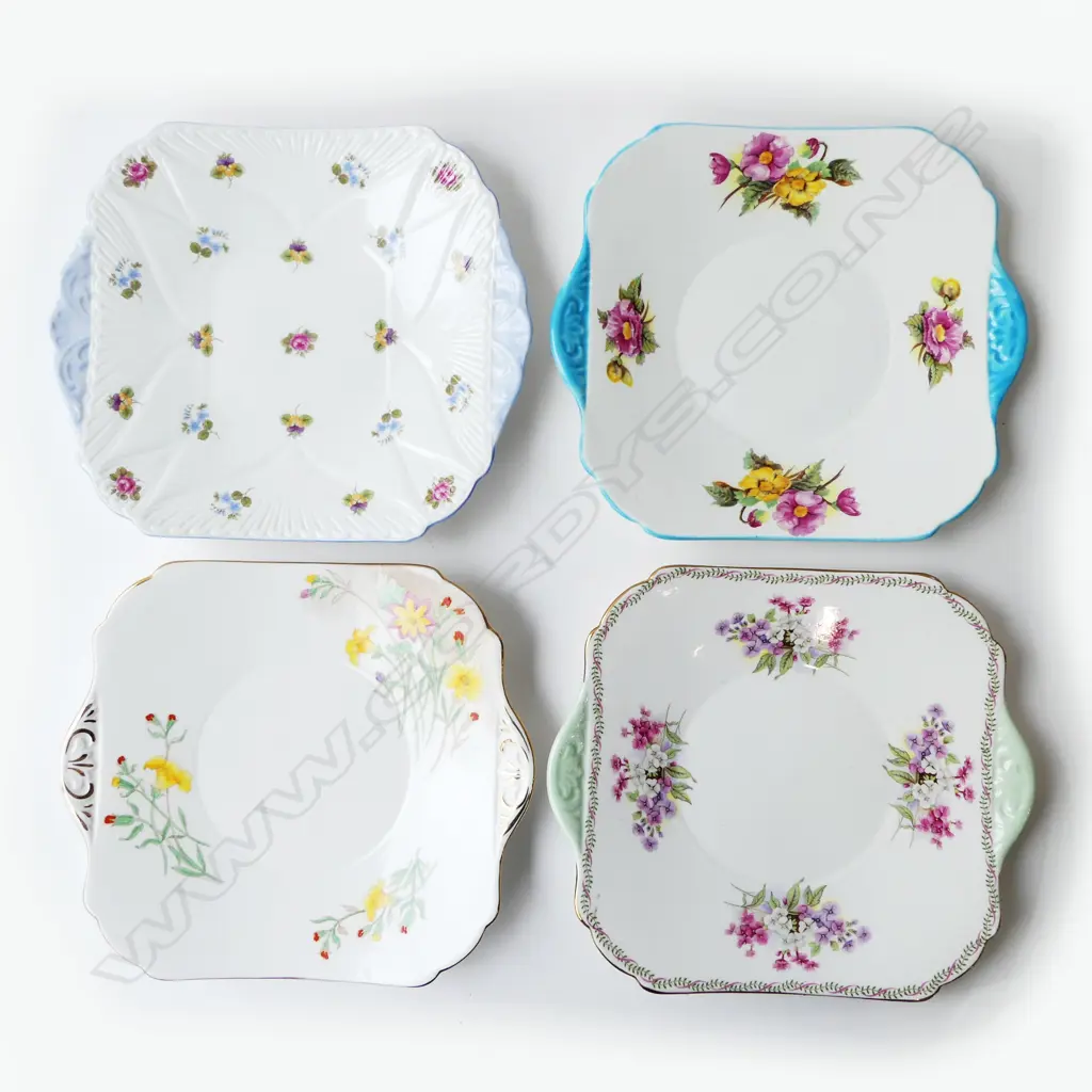FOUR SHELLEY CHINA CAKE PLATES - BLOSSOM, BEGONIA, WILDFLOWERS ETC, L.245MM Image 1++