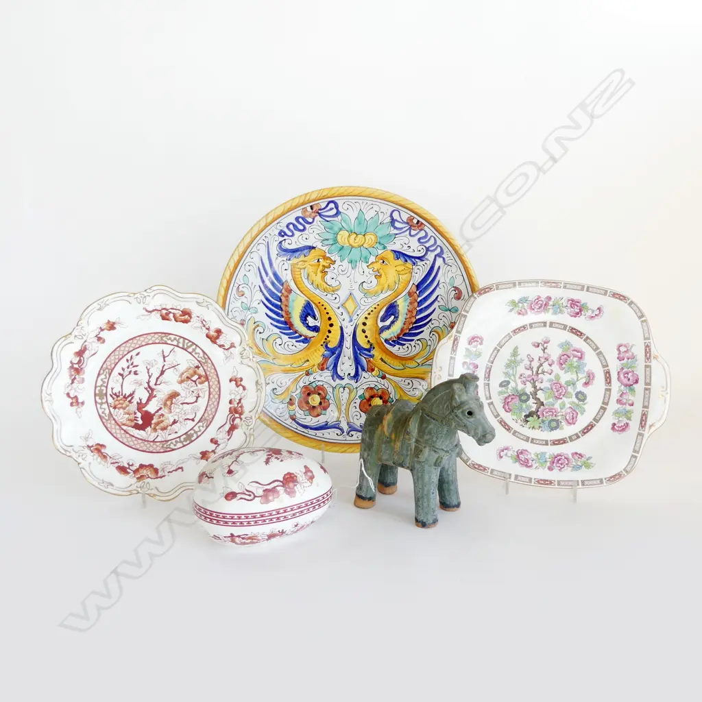 5 PCES; LG DISH 315mm dia, 2 COALPORT PLATES + EGG CONTAINER (REPAIRED), ORIENTAL ARCHAIC STYLE HORSE Image 1++