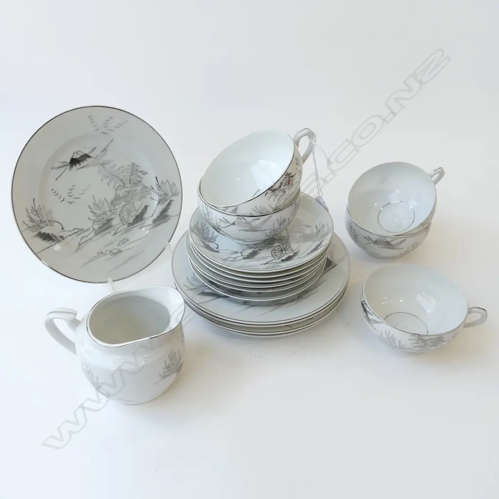 PART 17PC KUTANI TEASET, HANDPAINTED SILVER DESIGN ON EGGSHELL PORCELAIN w LITHOPHANE IMAGE OF GEISHA'S FACE IN CUPS Image 1++