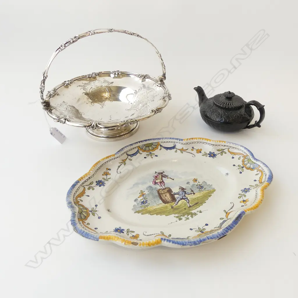 OLD SHEFFIELD PLATE CAKE BASKET 250mm dia, MAJOLICA PLATE, 19thC BLACK TEAPOT (chips)  Image 1++