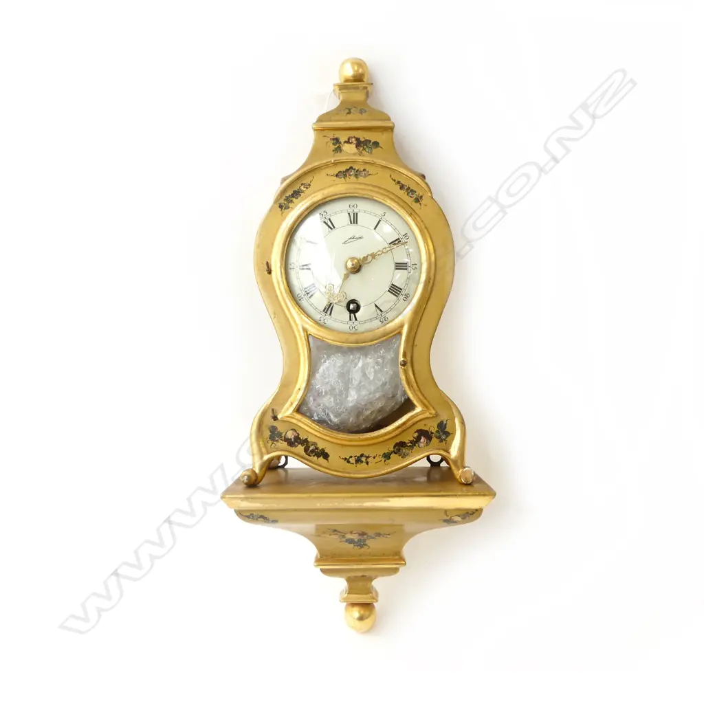 GERMAN GOLD PAINTED CLOCK H.265mm & MATCHING SHELF, RECENTLY SERVICED Image 1++