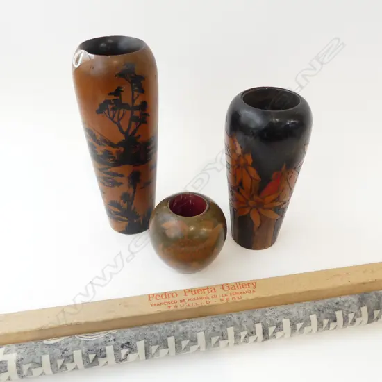 3 WOODEN VASES H.250mm + PEDRO PUERTA 'HEAVEN AND EARTH' LINOCUT 1977 1380x580mm