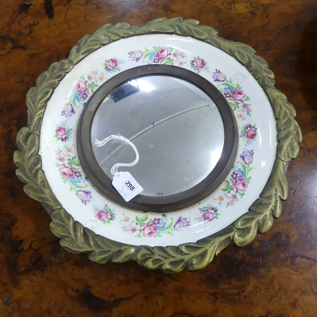 CONVEX MIRROR w. BRASS & CERAMIC FRAME 350mm dia Image 1++