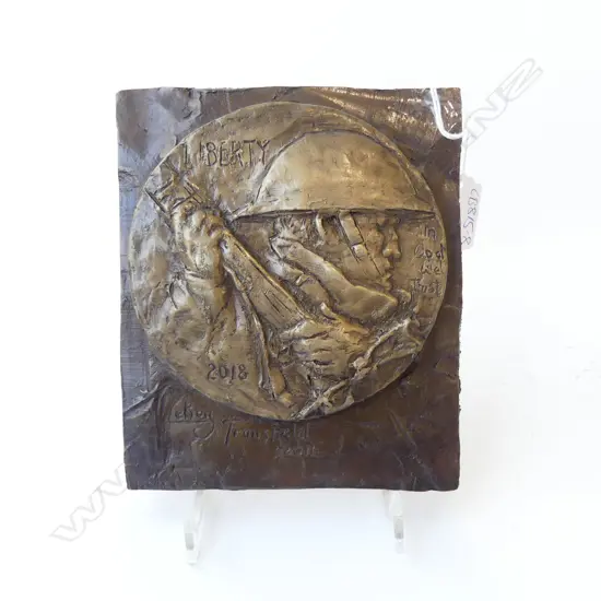 MEMORIAL BRONZE PLAQUE 'LIBERTY' 2018 'LeRoy Transfield 2016' WWI SOLDIER 150 X 130mm. Inscribed...
