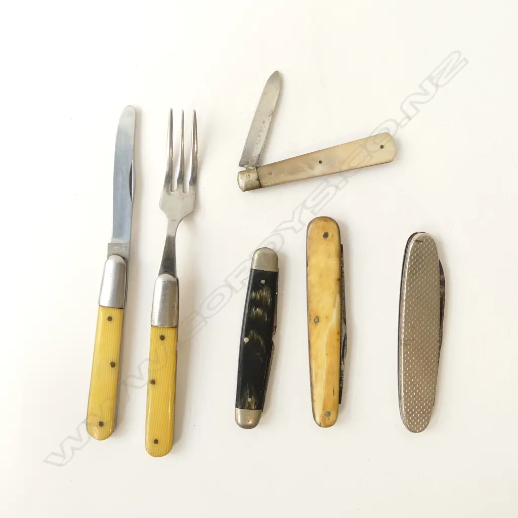 FIVE POCKET KNIVES & ONE FORK – SHEFFIELD 1888 STG MOP, IVORY C. BUTLER SHEFFIELD, ETC, L.85MM Image 1++