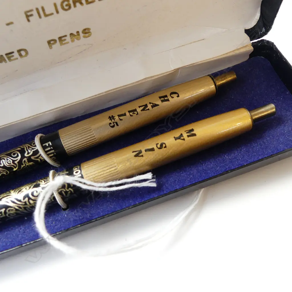 '14ct GOLD FILIGREE' FOIL INLAID PR ADVERTISING PENS 'Chanel No.5' & My Sin' BOXED Image 1++