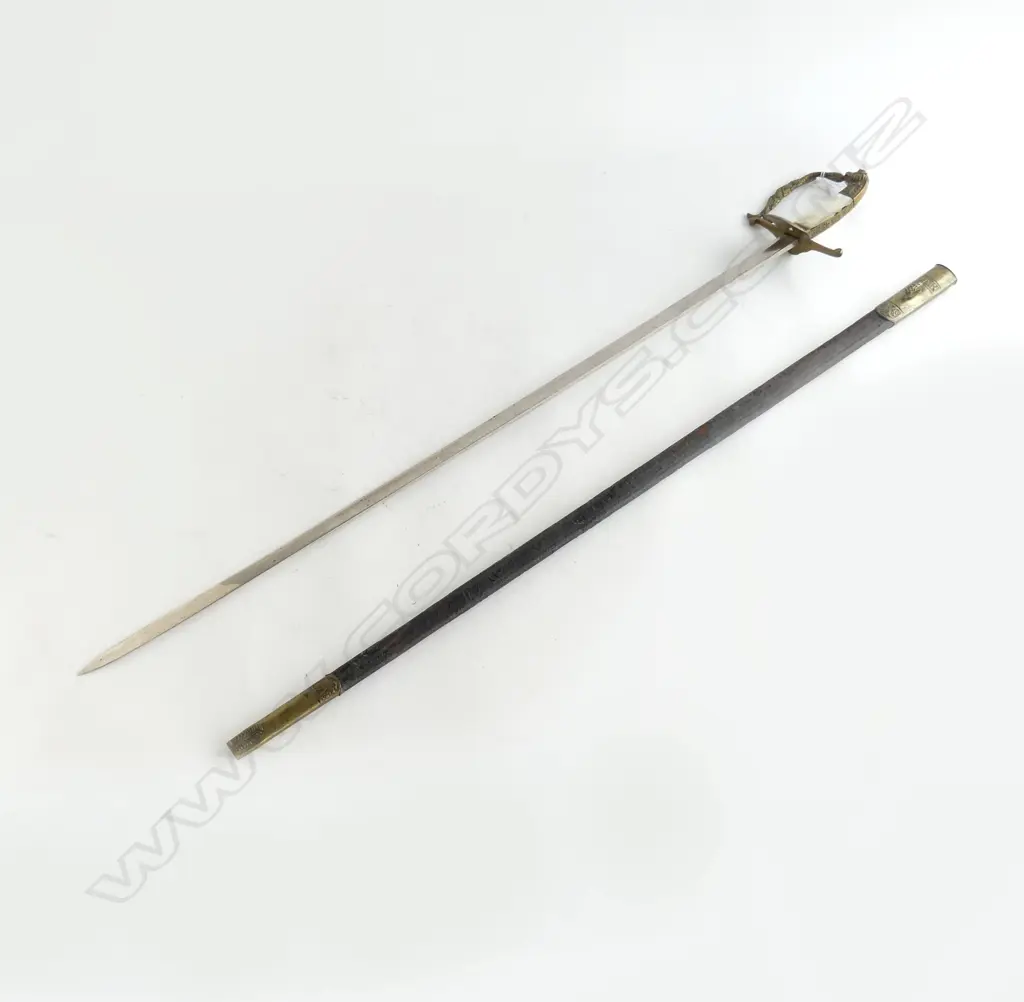 (25703) AUSTRO HUNGARIAN SWORD brass hilt mop grips with 2 chips in leather scabbard Image 1++