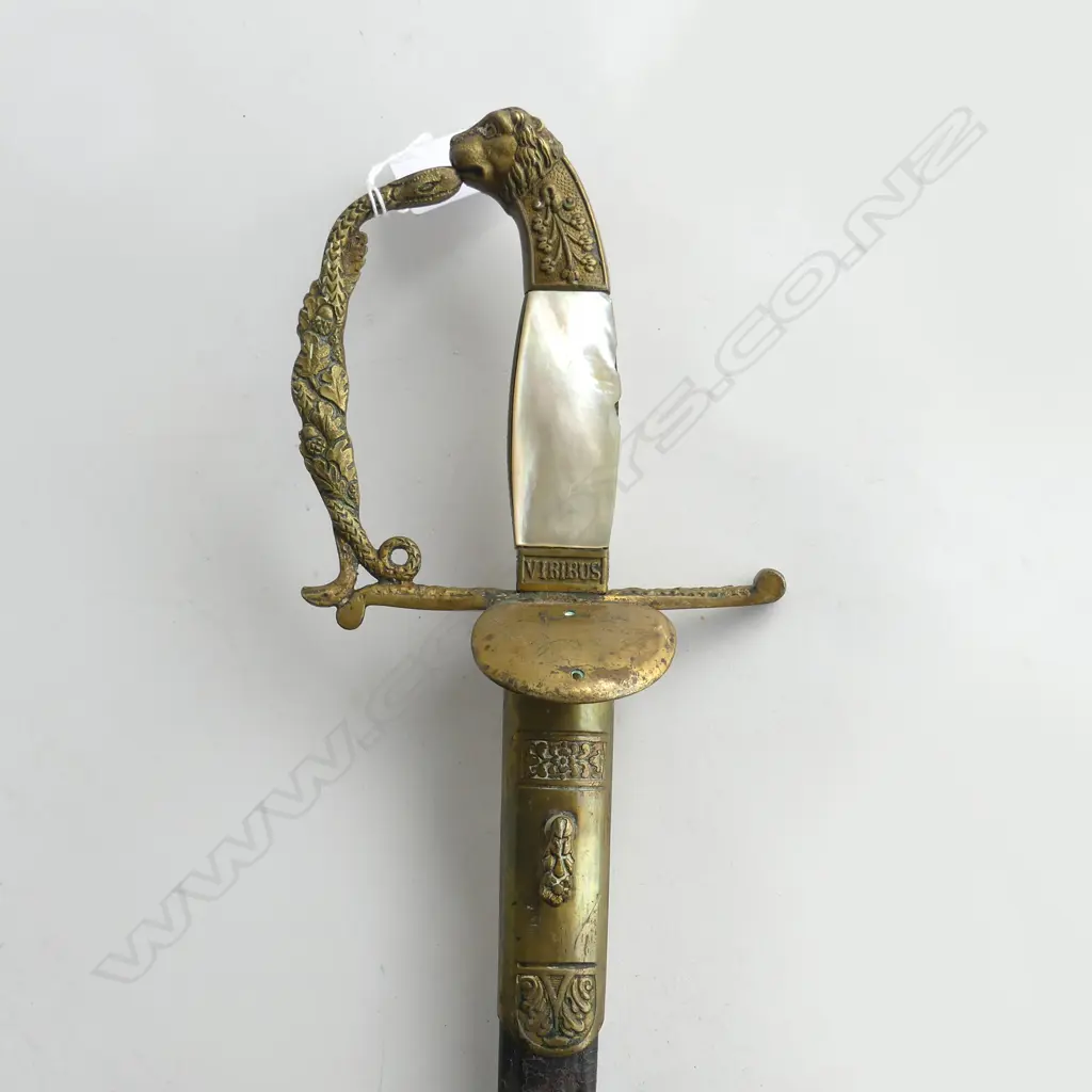 (25703) AUSTRO HUNGARIAN SWORD brass hilt mop grips with 2 chips in leather scabbard Image 1++