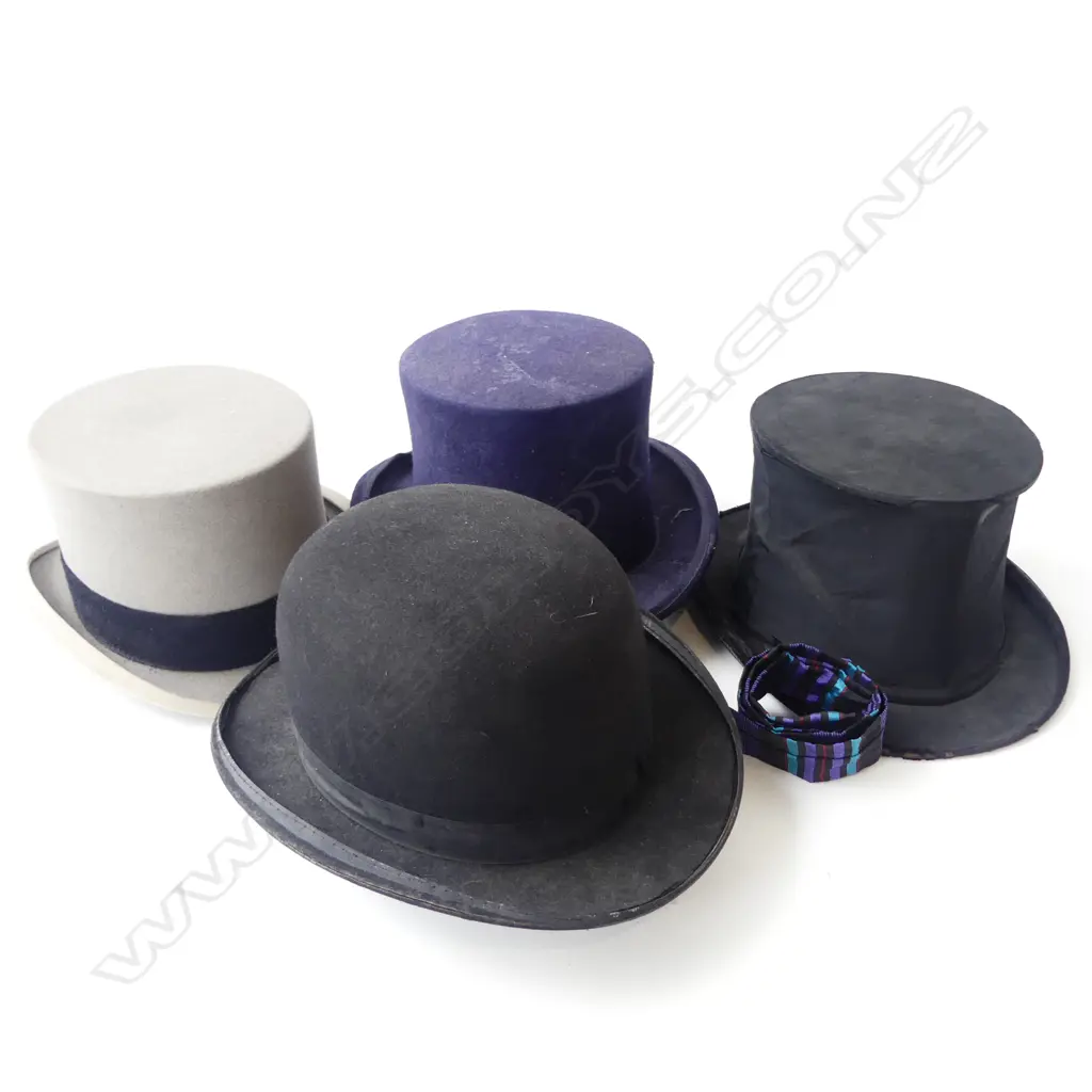 3 TOP HATS + BOWLER & TIE; BLACK COMPRESSING, BLUE VELVET, GREY EX. LAWRENCE GEORGE CARR RNZ NAVAL Image 1++