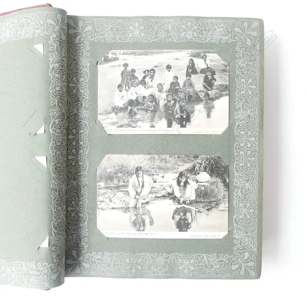 116 EARLY NZ POSTCARDS MAORI & ROTORUA, WHKAREWREWA, PINK TERRACES, GEYSERS ETC IN ALBUM NB: POSTCARDS HAVE PAPER/GLUE R Image 1++