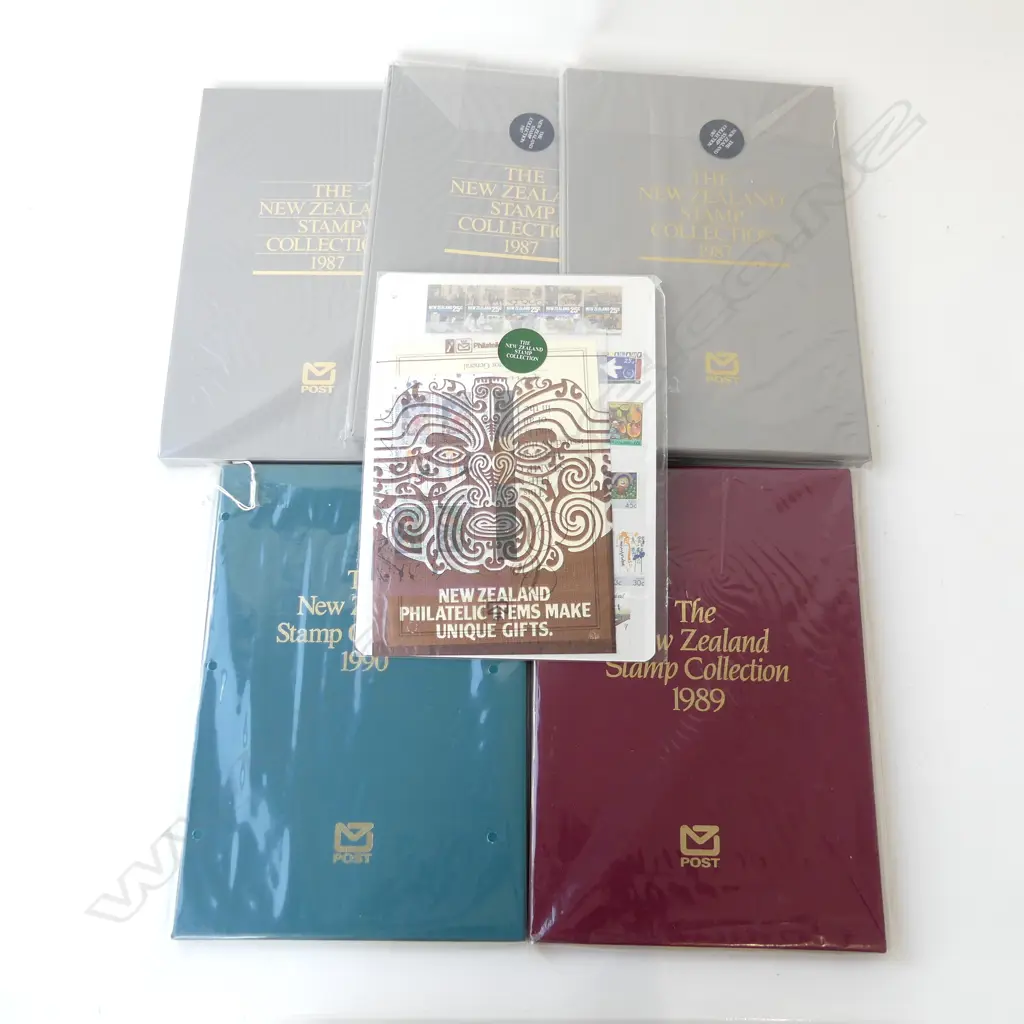 5 NZ STAMP COLLECTION FOLDERS; 3x 1987, 1989, 1990 Image 1++