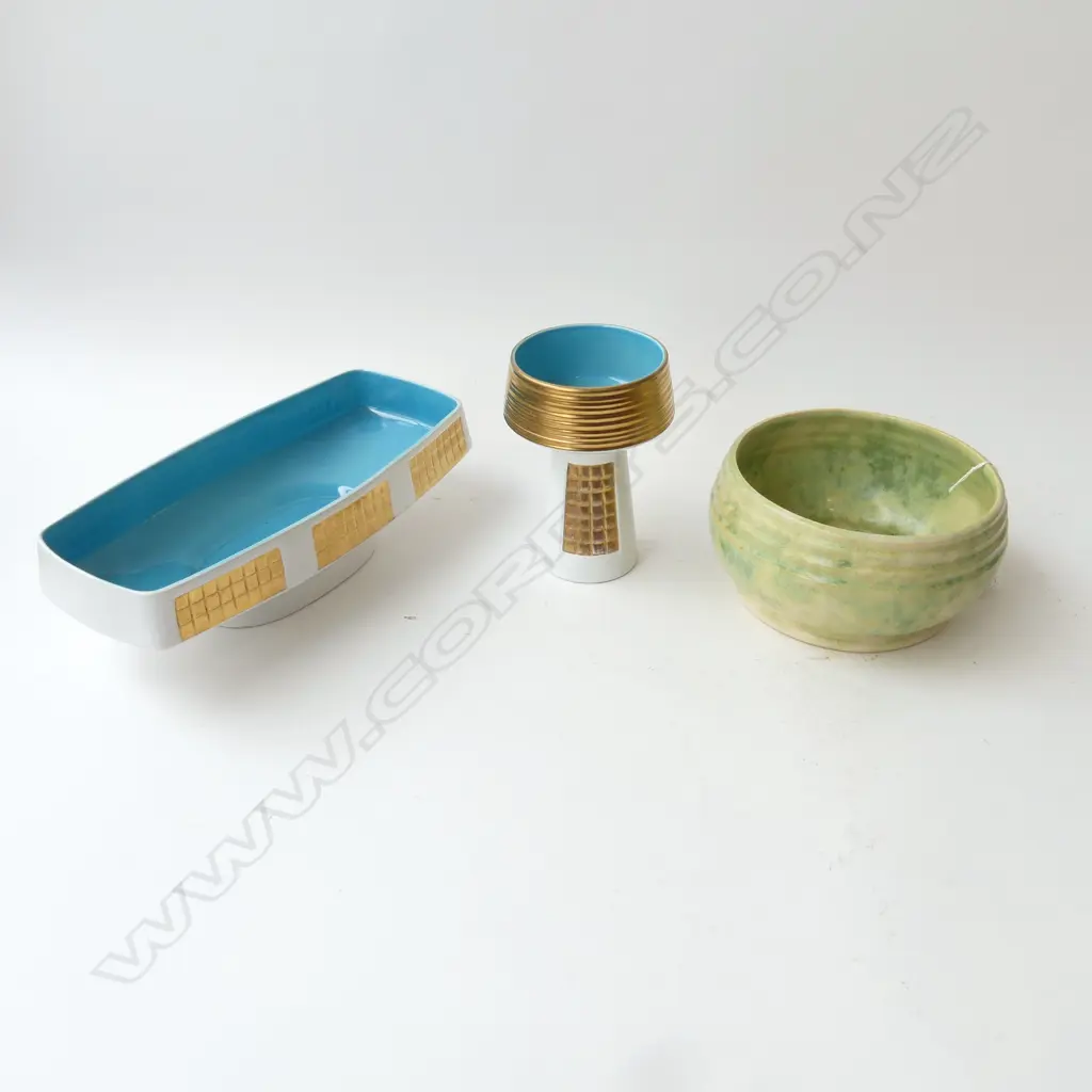 2 MID CENTURY OLD FOLEY VASES W.300mm + CROWN LYNN (AMBRICO?) GREEN GLAZED BOWL 185mm dia, hairline Image 1++