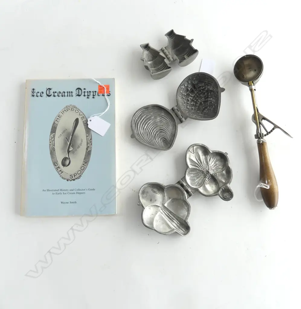 VINTAGE ICE CREAM SCOOP L270mm, BOOK: ICE CREAM DIPPERS, 3 PEWTER ICE CREAM MOULDS; PANSY, OYSTER & BEEHIVE H70mm Image 1++