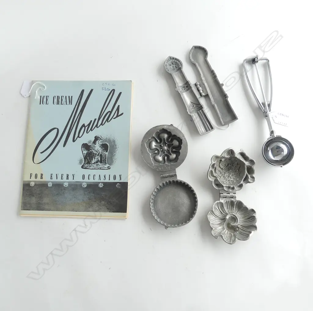 VINTAGE ICE CREAM SCOOP L230mm, BOOK ICE CREAM MOULDS, 3 PEWTER ICE CREAM MOULDS; CHRYSANTHEMUM, ORNATE & SCABBARD Image 1++