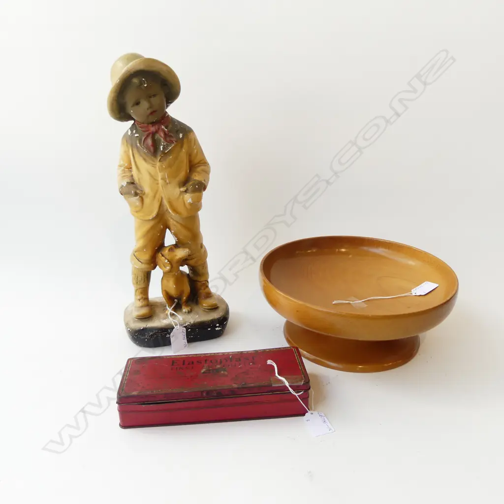 NZ KAURI PEDESTAL FRUITBOWL DIA 260mm, VINTAGE PLASTER STATUE BOY & DOG (damaged) H.380mm & TIN OLD COINS mainly NZ & UK Image 1++