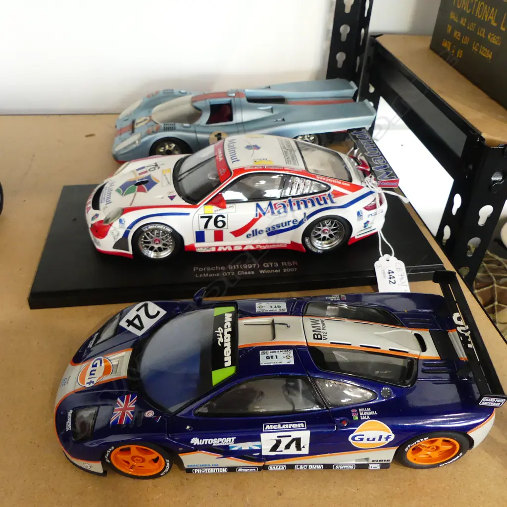 3 MODEL CARS; 1:18 McLAREN F1 GTR GULF, 1:18 AUTOart PORSCHE 911(997) GT3 RSR, VINTAGE SCHUCO PORSCHE 917 AF NO REMOTE Image 1++
