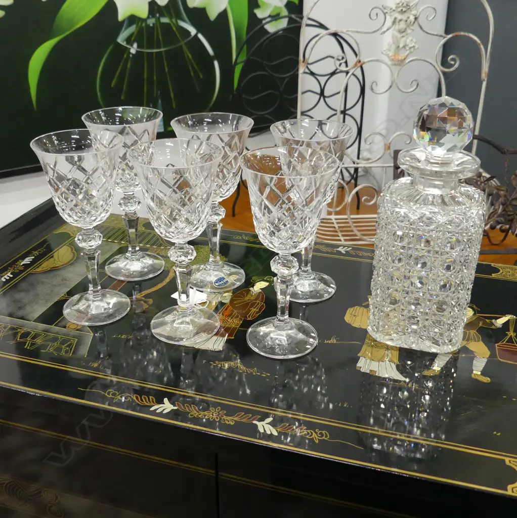 6 CRYSTAL WINE GLASSES H.170mm + DECANTER Image 1++