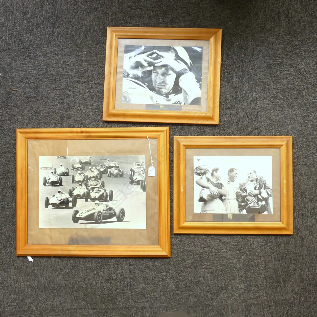 3 FRAMED B/W PHOTOS; BRUCE McLAREN ETC... Image 1++