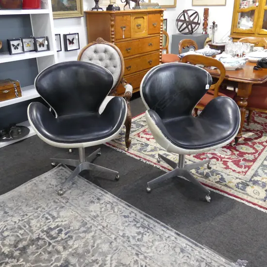 PR SWAN STYLE CHAIRS; COWHIDE & BLACK LEATHER