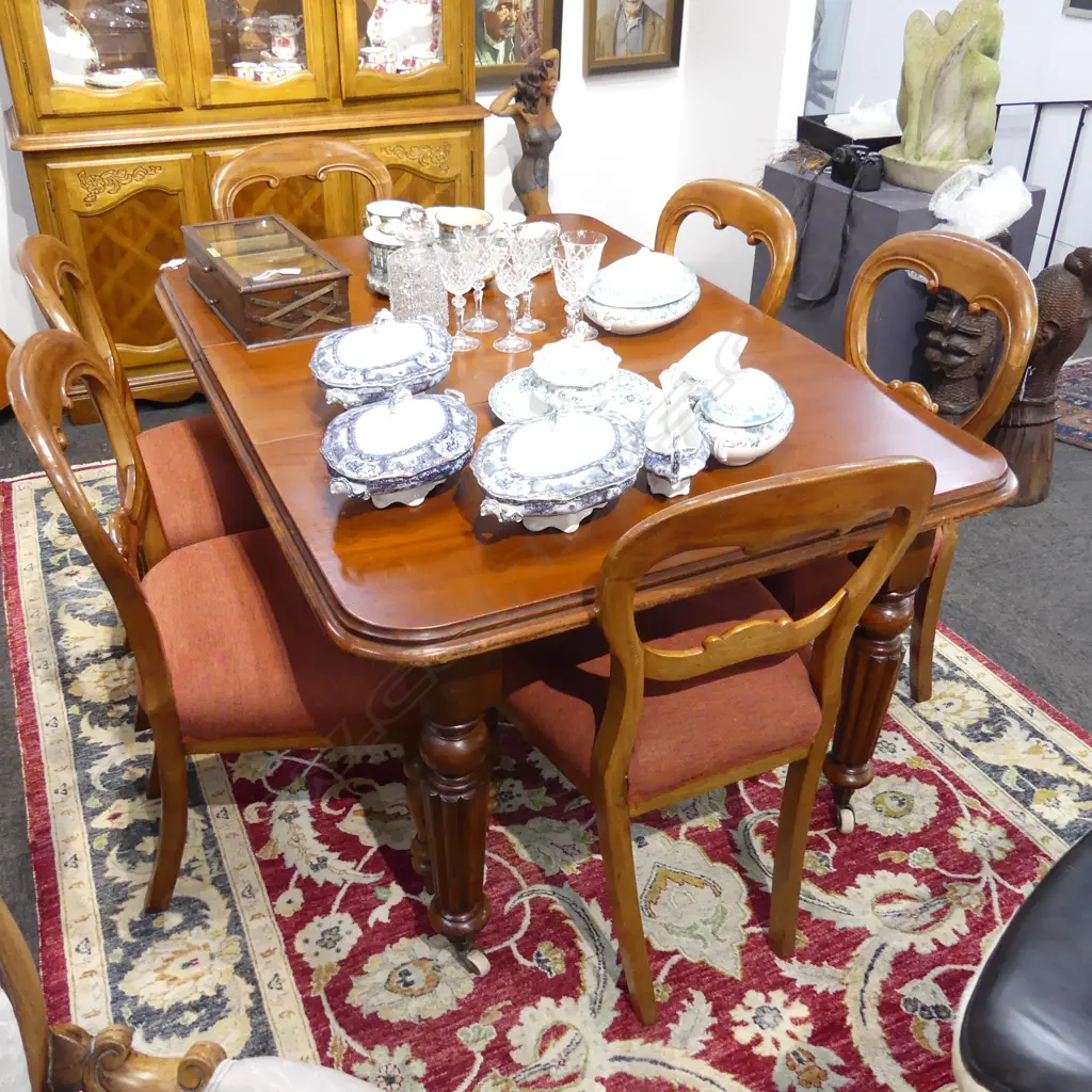 VICTORIAN MAHOGANY EXTENSION DINING TABLE, 1 LEAF NO CRANK 1450x1020x710mm + 6 BALLOON BACK DINING CHAIRS Image 1++