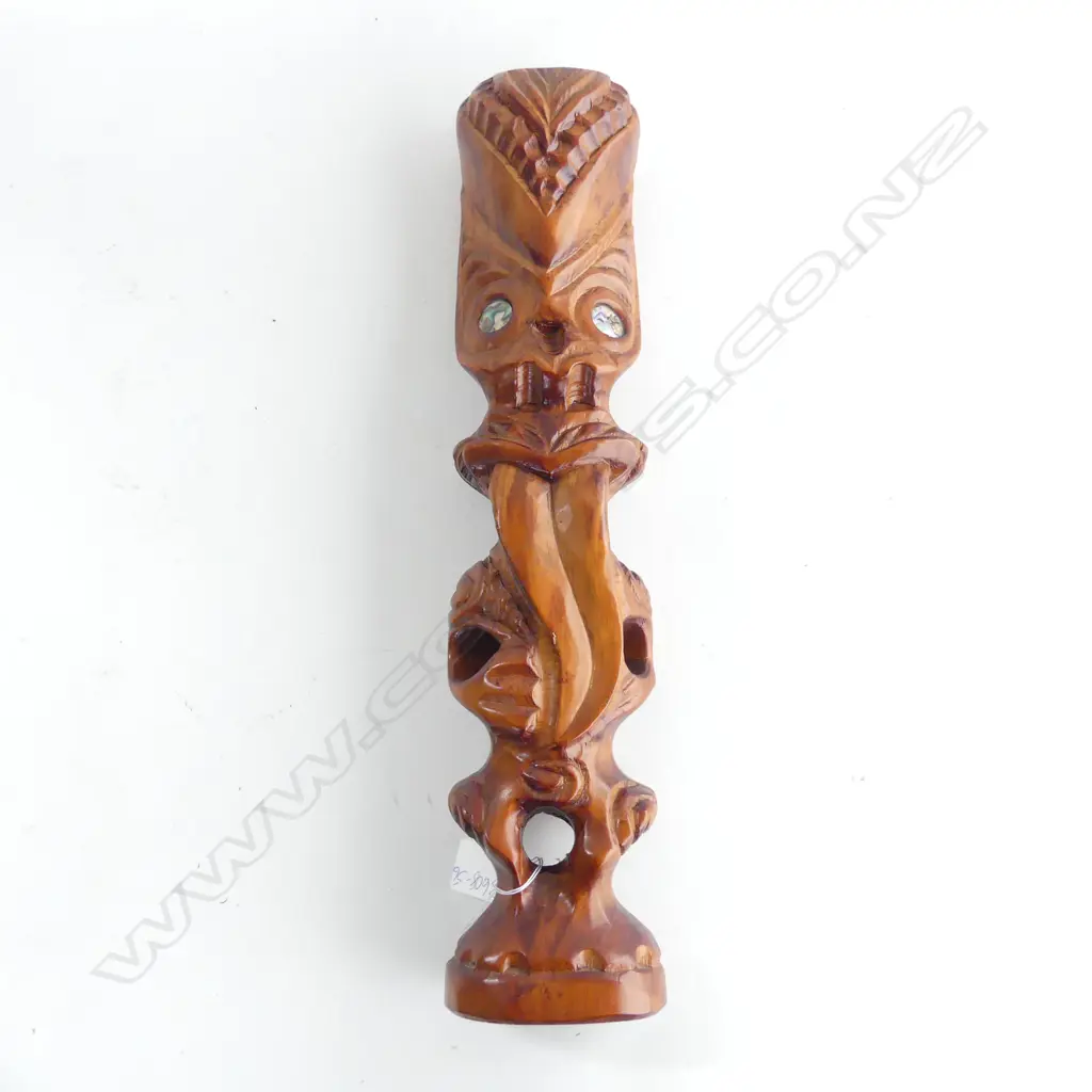 MAORI CARVED TEKOTEKO FIGURE BY TOBE ( LABEL REVERSE) H. 440mm Image 1++