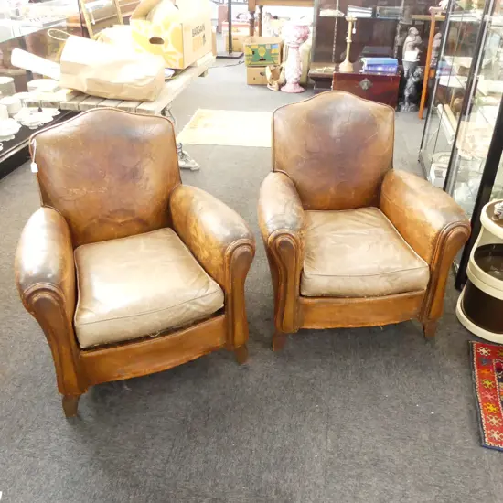 PR VINTAGE LEATHER CLUB CHAIRS, showing age 800x750x850mm tears to back