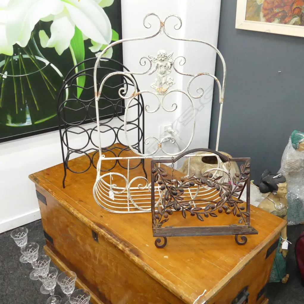 3 METAL RACKS; WINE STORAGE, BOOK HOLDER, WHITE WALL SHELF H.685mm Image 1++