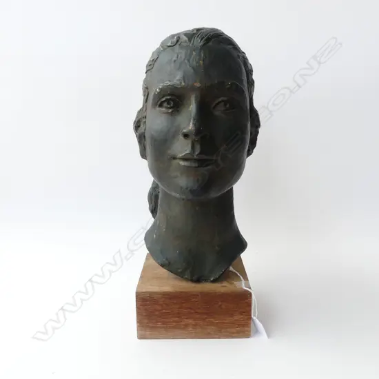 CAST BUST GIRL w PONYTAIL ON STAND, SIGNED CM?, H.420mm on stand