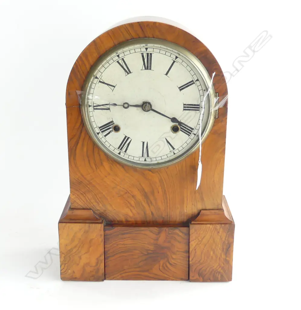 ARCHED SHAPED WALNUT MANTEL CLOCK WITH INTERESTING OPENING FRONT FLAP. H.380mm Image 1++