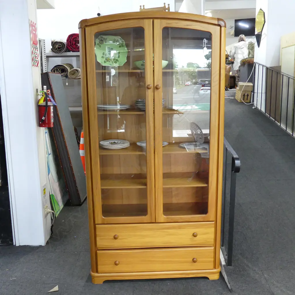 DAVIES (Christchurch) QUALITY MODERN SOLID RIMU DISPLAY CABINET 1970 x 990mm Labelled bottom right. 2 door 2 drawer Image 1++