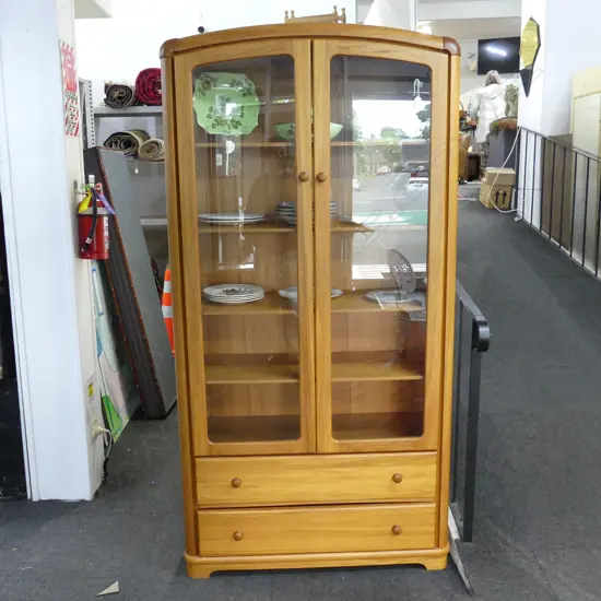 DAVIES (Christchurch) QUALITY MODERN SOLID RIMU DISPLAY CABINET 1970 x 990mm Labelled bottom right. 2 door 2 drawer