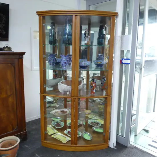MODERN TALL RIMU FRAMED CORNER DISPLAY CABINET H.1900mm. W.1000mm 4 curved glass doors