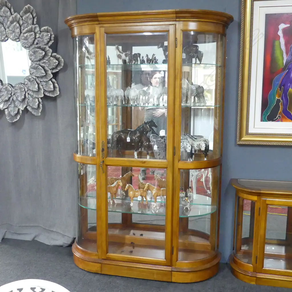 TALL MODERN QUALITY DISPLAY CABINET 1 full length DOOR w curved glass side panels 1980 x 1400mm wood frame. Adjustable.. Image 1++