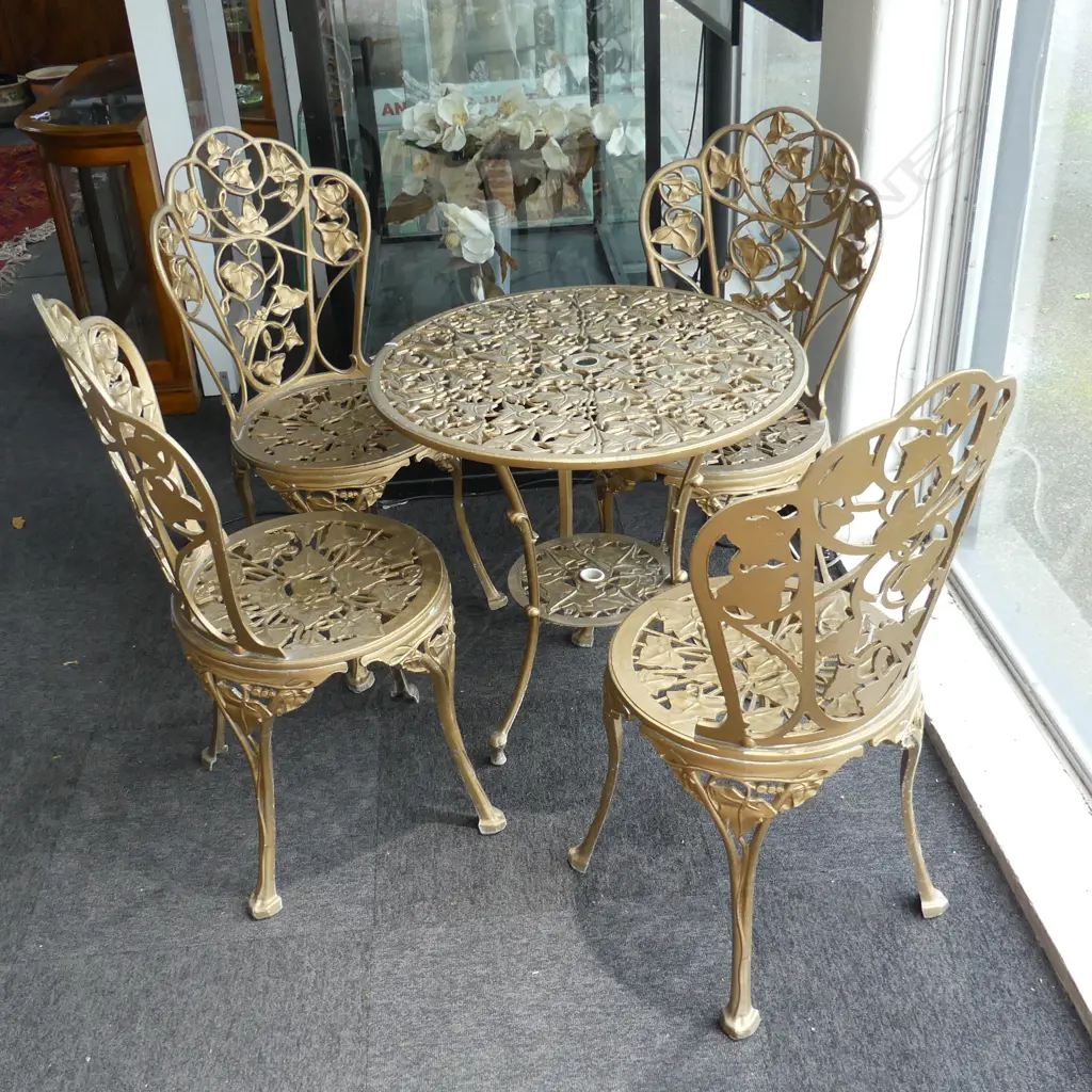UNDERWOOD of INGLEWOOD GILT ALUMINIUM CLASSICAL OUTDOOR TABLE & 4 CHAIR SET table diameter 665mm Image 1++
