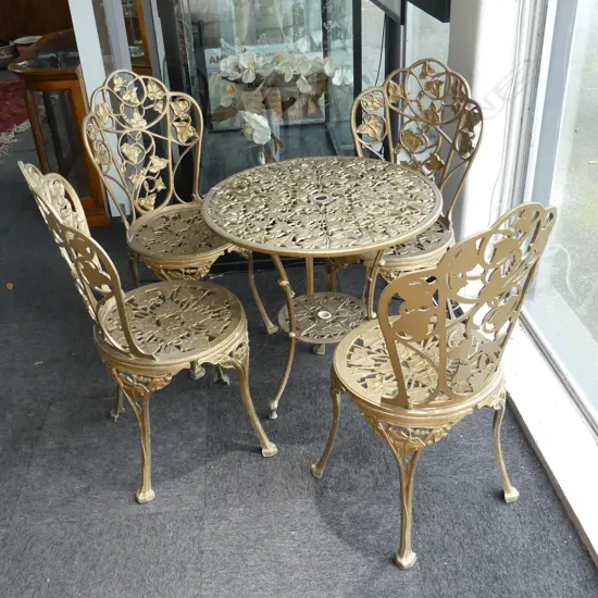 UNDERWOOD of INGLEWOOD GILT ALUMINIUM CLASSICAL OUTDOOR TABLE & 4 CHAIR SET table diameter 665mm