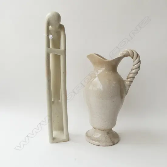 CARVED STONE ABSTRACT FIGURE H.600mm, LG CERAMIC JUG H.450mm AF