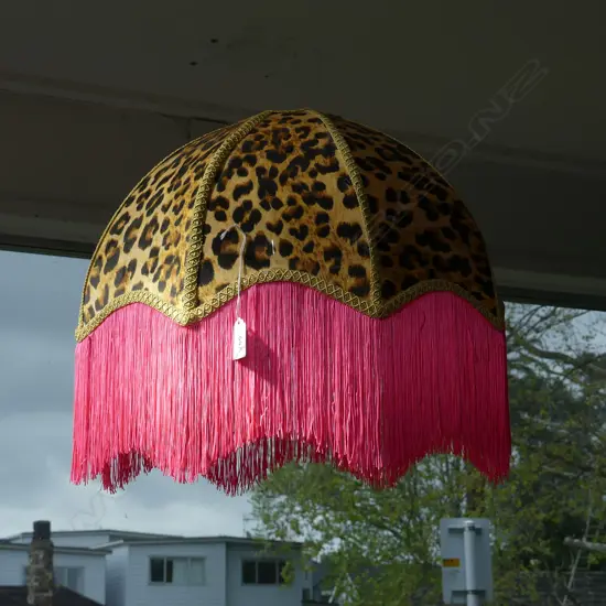 LEOPARD PRINT LAMP SHADE w. NEON PINK FRINGE 430mm dia