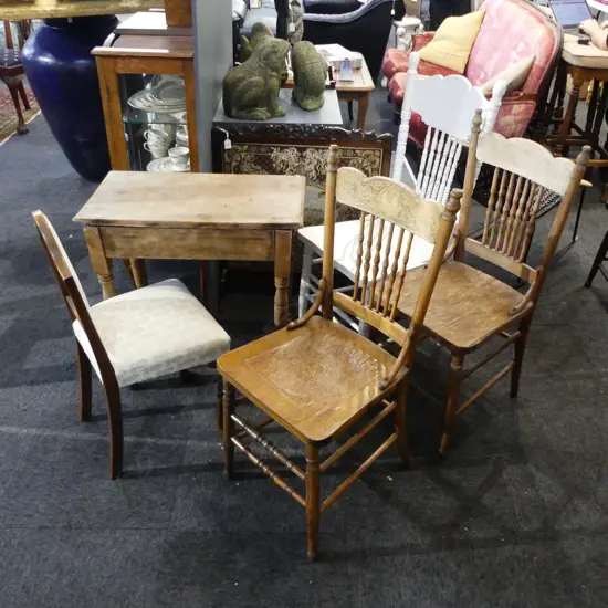 3 SPINDLE BACK CHAIRS + SMALL TABLE W.680mm AND HALL CHAIR