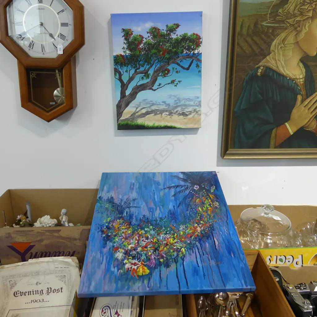 2 ACRYLIC ON CANVAS ARTWORKS; VAL STOKES 600x500mm & BEACH POHUTUKAWA Image 1++