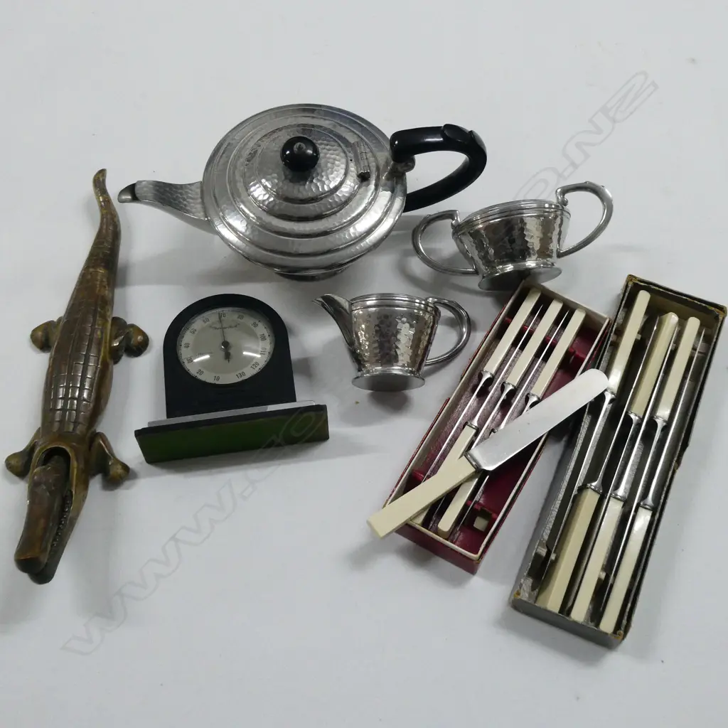 2 SETS OF 6 IVORINE 'BONE' HANDLED KNIVES, BRASS CROCODILE L.340mm, 3 PCE PEWTER TEA SET, THERMODIAL Image 1++